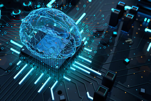 Transparent brain with blue light on microchip on complex circuit board. Artificial intelligence concept. 3D Illustration